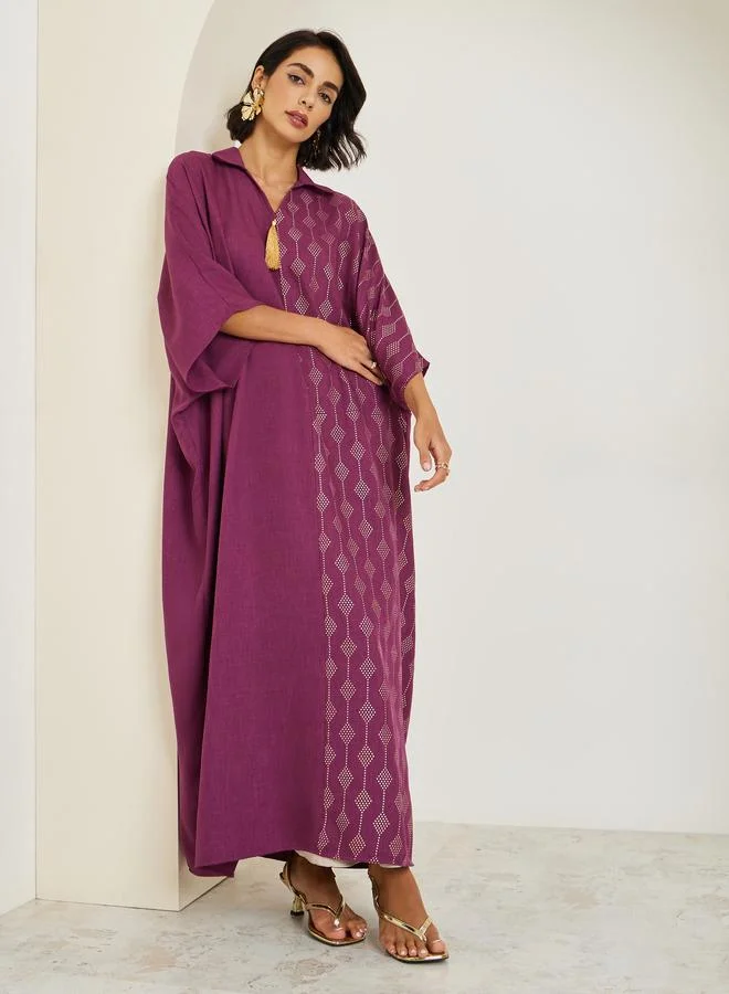 Amirah Women Purple Foil Print Tassel Detail Jalabiya